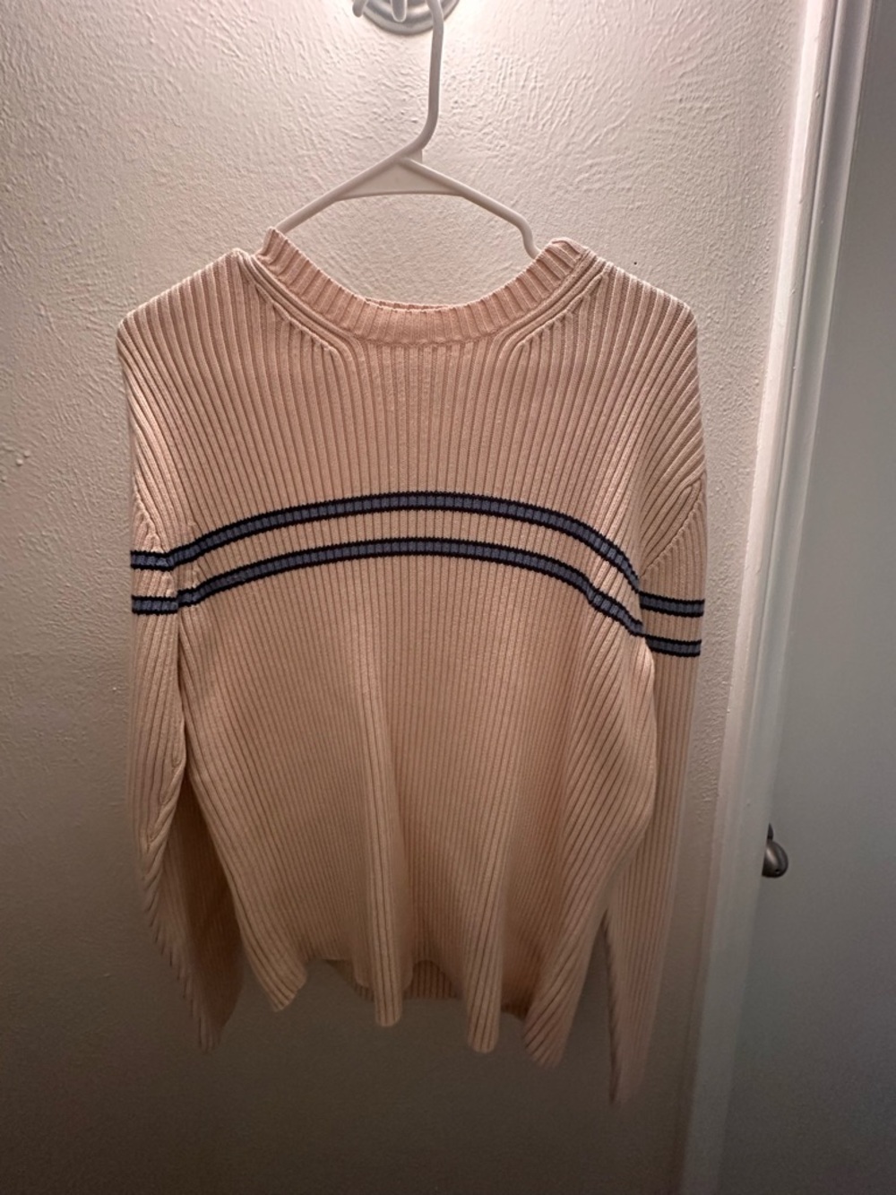 GAP Cream Ribbed Crew Sweater with Navy Stripes